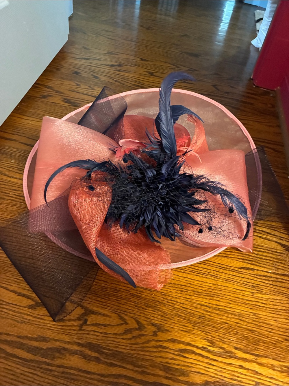 Women's Coral and Navy Feather Fascinator Hat